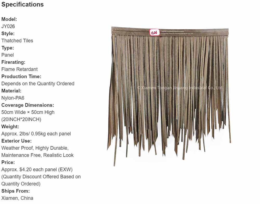 Synthetic Thatch specifications
